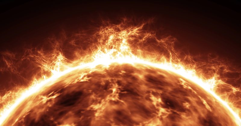A close-up view of the sun with bright, fiery solar flares and intense glowing plasma erupting from its surface, symbolizing the power and energy of a seamless HubSpot to WordPress migration against a dark background.
