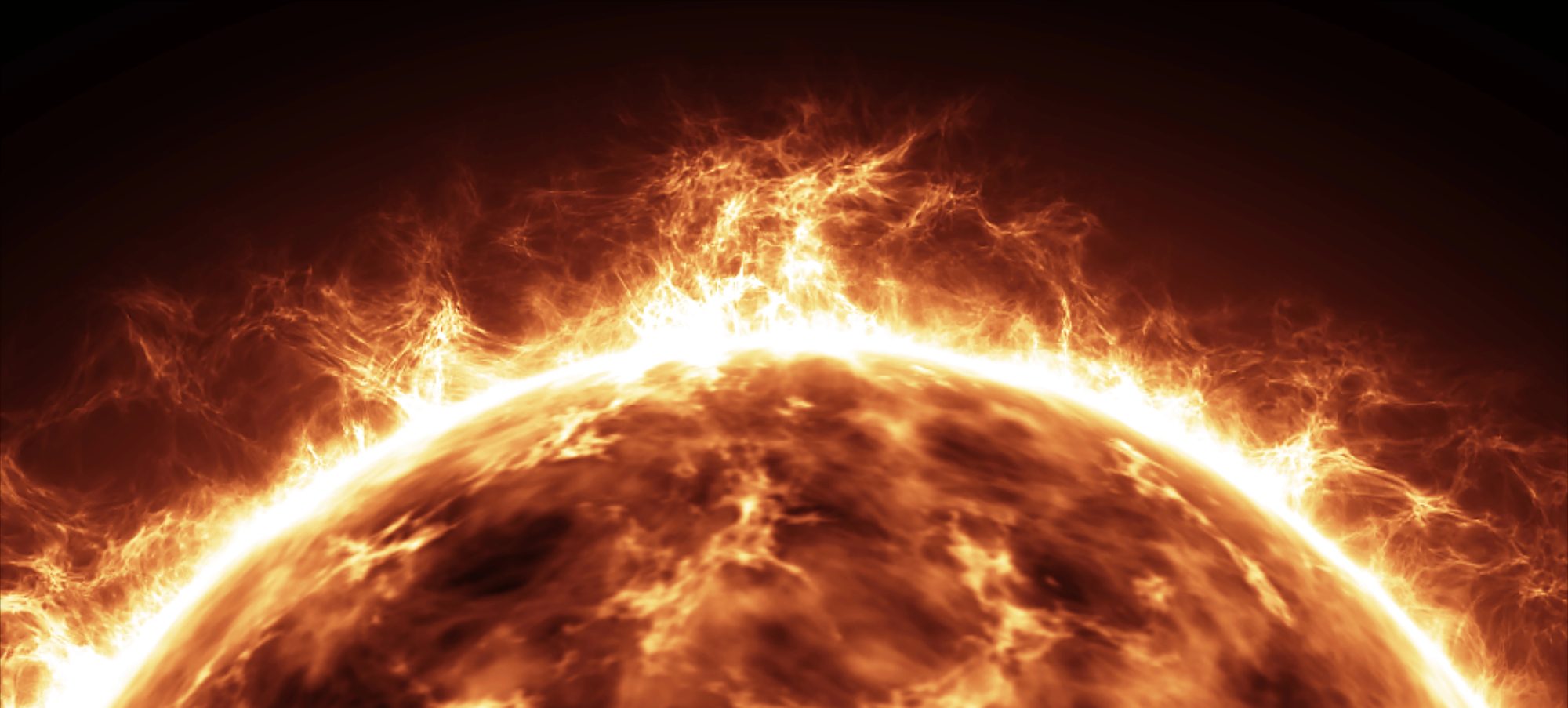 A close-up view of the sun with bright, fiery solar flares and intense glowing plasma erupting from its surface, symbolizing the power and energy of a seamless HubSpot to WordPress migration against a dark background.