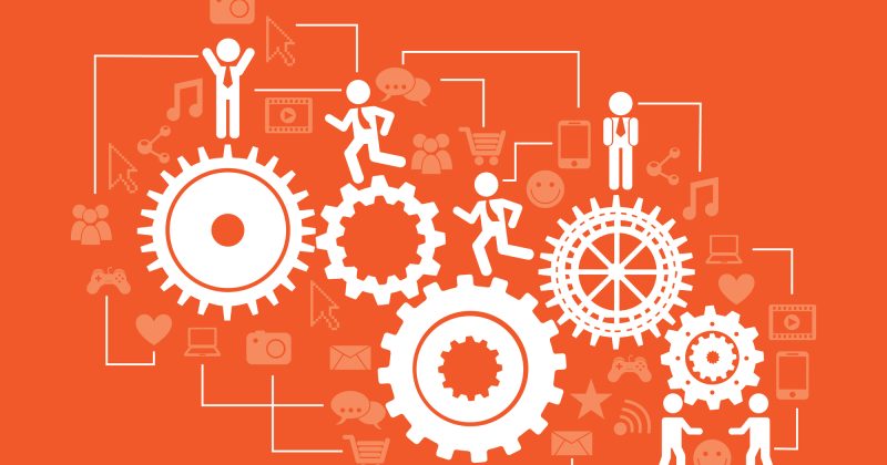 White gears and stick figures interact on an orange background, surrounded by icons like music notes, shopping carts, and messages—illustrating teamwork, technology, connectivity, and seamless migration such as Drupal to WordPress Migration.