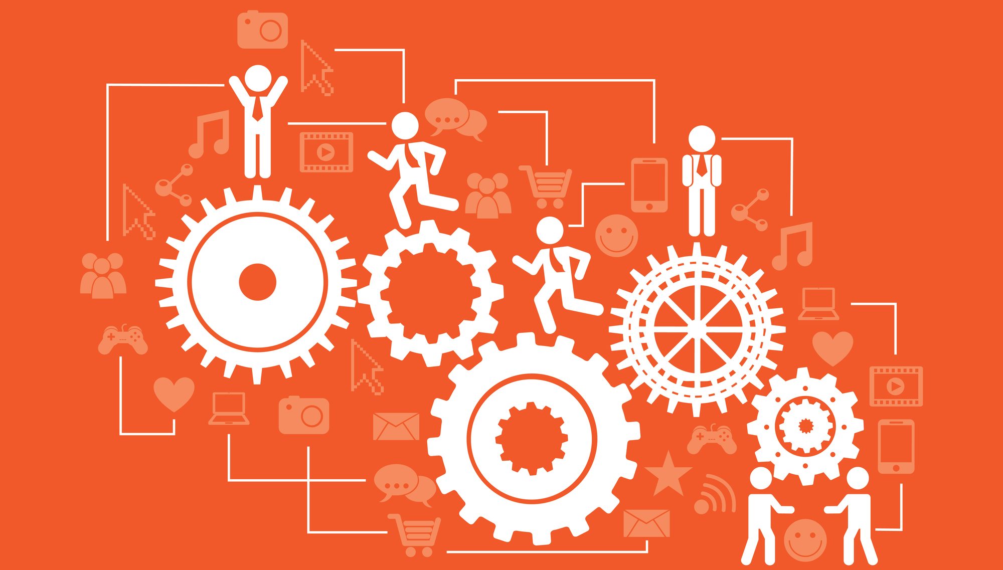White gears and stick figures interact on an orange background, surrounded by icons like music notes, shopping carts, and messages—illustrating teamwork, technology, connectivity, and seamless migration such as Drupal to WordPress Migration.