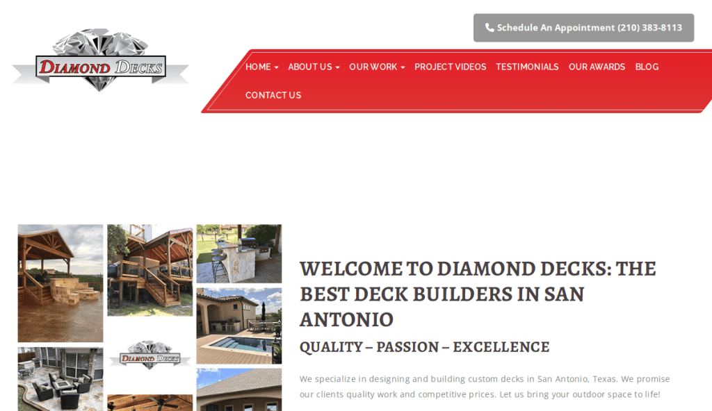 Screenshot of the Diamond Decks website homepage, featuring their logo, navigation bar, contact button, and images of various deck projects, with a welcome message about custom deck building in San Antonio.