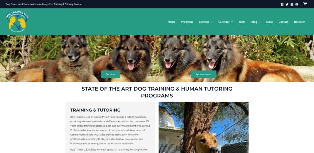 Screenshot of a dog training website featuring four Belgian Tervuren dogs at the top, a navigation menu, and a section describing training and tutoring services with an image of a tan dog under a tree.