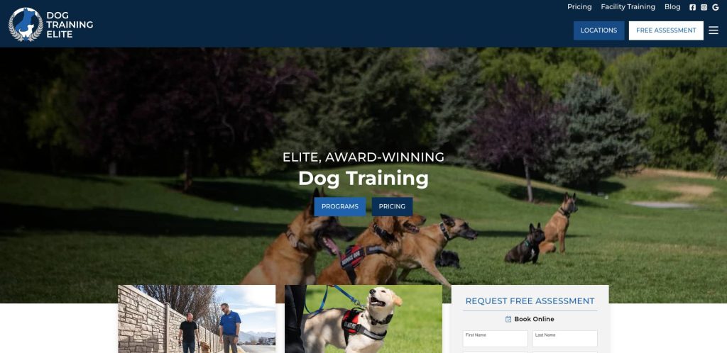 A group of dogs runs and plays on grass in a park with trees in the background; various smaller images below show dog training activities and a form for booking a free assessment.