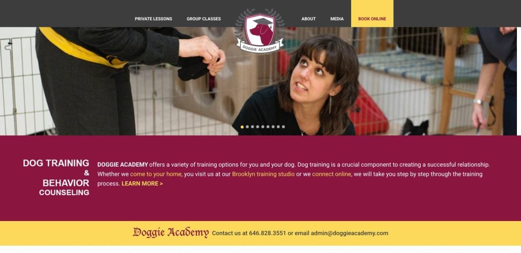 A woman smiles while training a black dog in an indoor setting with training equipment. The website banner promotes dog training and behavior counseling services at Doggie Academy in Brooklyn.