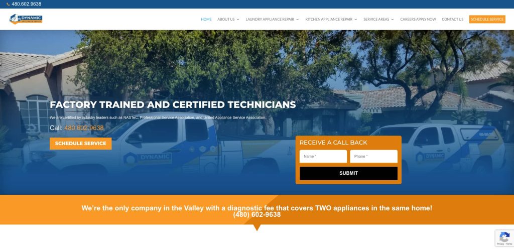 A website homepage features a blue and orange theme, showcasing service vehicles with the Dynamic logo, a call-to-action for scheduling service, a call-back request form, and a highlighted contact number at the bottom.