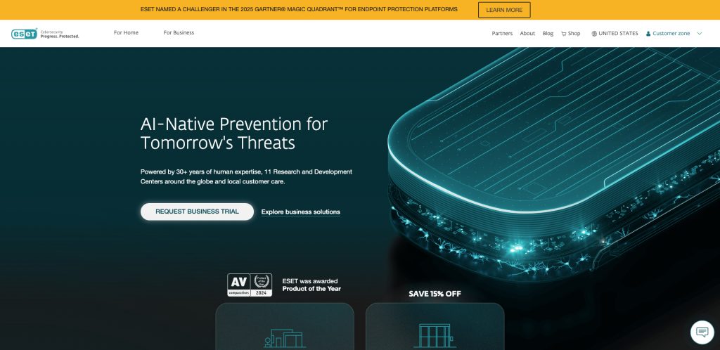Screenshot of the ESET website homepage highlighting AI-Native Prevention for cyber threats, with a digital graphic, navigation menu, and prominent buttons for requesting a business trial and exploring business solutions.