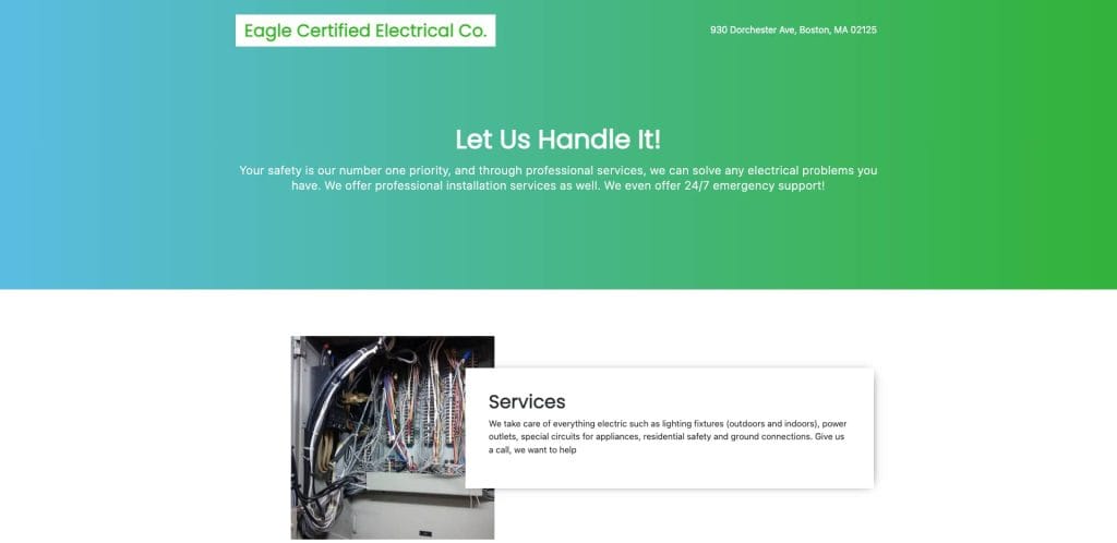Screenshot of Eagle Certified Electrical Co.s website. The page has a green header, company name, Boston address, a message about safety and services, and an image of an electrical panel next to a services description box.