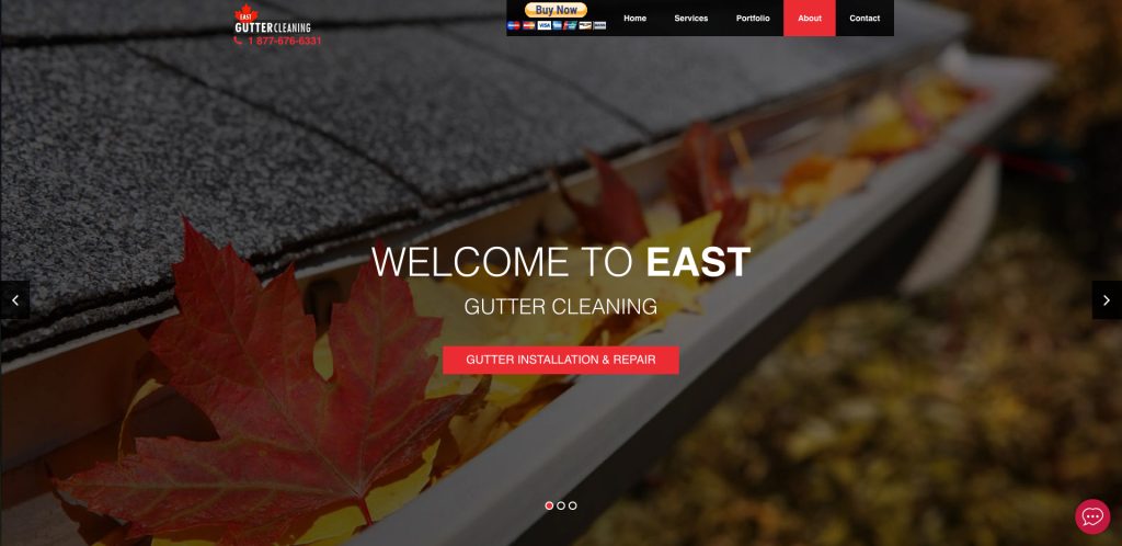 A close-up of a house gutter filled with colorful autumn leaves. The website header shows a logo for East Gutter Cleaning, navigation menu, contact number, and a Gutter Installation & Repair button in the center.