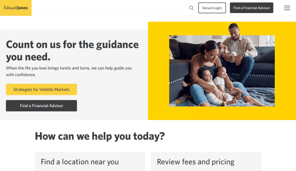 A family of four sits together on a couch, smiling and playing. The website text offers financial guidance, featuring buttons for finding a financial advisor and strategies for volatile markets.