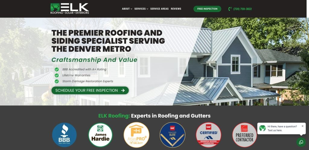 Screenshot of ELK Roofing website homepage showing a large house, company logo, navigation menu, “Schedule Your Free Inspection” button, service descriptions, and logos of certifications and awards at the bottom.