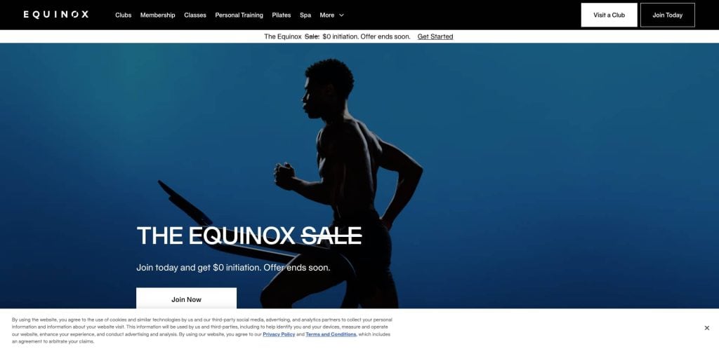 A silhouette of a man running on a treadmill against a blue background, advertising the Equinox Sale with a $0 initiation offer and buttons to join now or learn more.