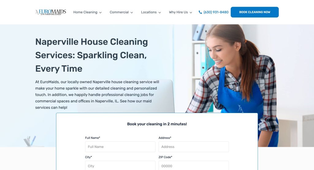 A woman wearing a blue apron smiles while cleaning a surface. The webpage advertises Naperville house cleaning services and includes a form to book cleaning, company details, and contact information at the top.