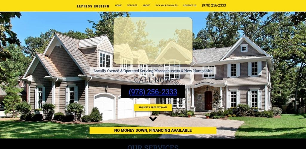 A website homepage for Express Roofing, featuring a large image of a two-story house with gray siding, white trim, and a well-kept yard. The page has contact info and buttons for a free estimate and service details.