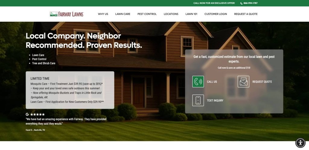 Screenshot of Fairway Lawns website showing a house with a well-kept lawn. Text offers lawn care and pest control services with a special offer, and options to call, request a quote, or submit a test inquiry are displayed.