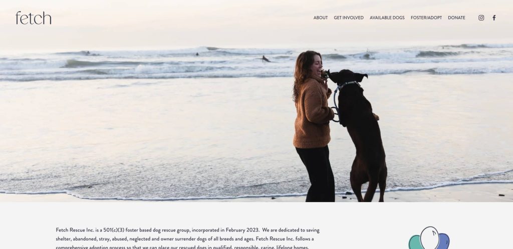 A woman in a brown sweater stands on a beach at sunset, smiling as she plays with a large black dog standing on its hind legs. Waves and several surfers are visible in the background.