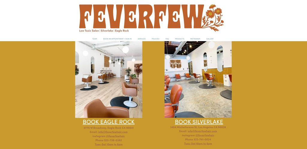 Salon website for Feverfew, featuring two locations: Eagle Rock and Silverlake. The page shows bright, modern salon interiors with salon chairs and mirrors, and contact info for each location below the images.