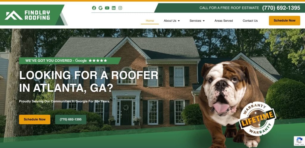 Screenshot of Findlay Roofing’s website showing a large house, text seeking roofers in Atlanta, a bulldog, and contact info at the top. A Lifetime Warranty badge appears in the lower right corner.