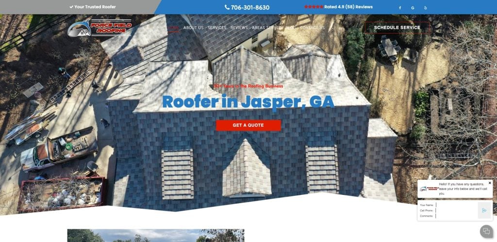 Aerial view of a house with a newly installed gray shingle roof. The website header shows Porch Field Roofings logo, navigation menu, contact number, and a red “Get a Quote” button centered on the roof image.
