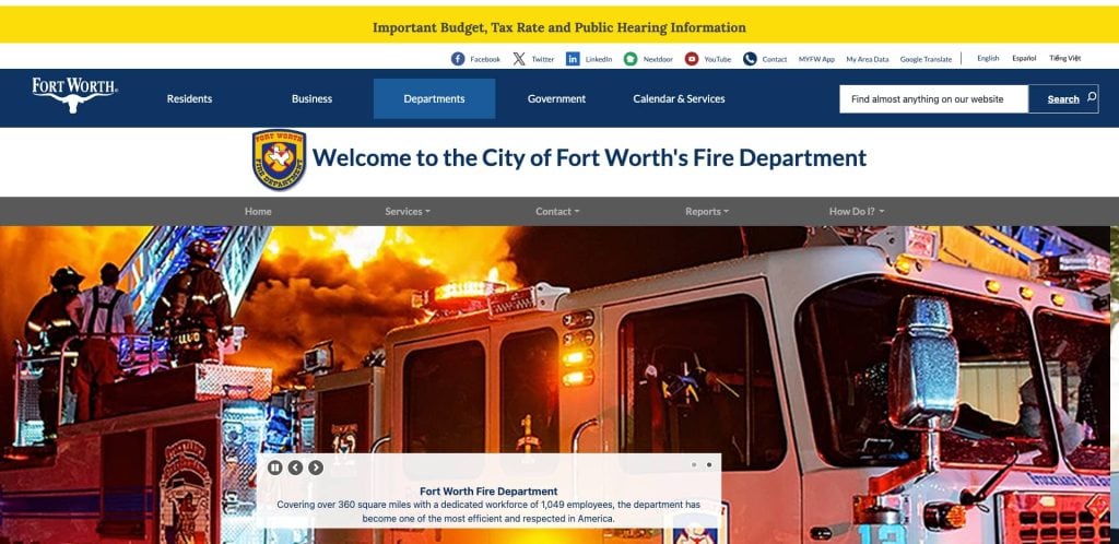 Screenshot of the City of Fort Worth’s Fire Department webpage, featuring a banner with a fire truck, firefighters, navigation menu, and a notice about budget, tax rate, and public hearing information at the top.