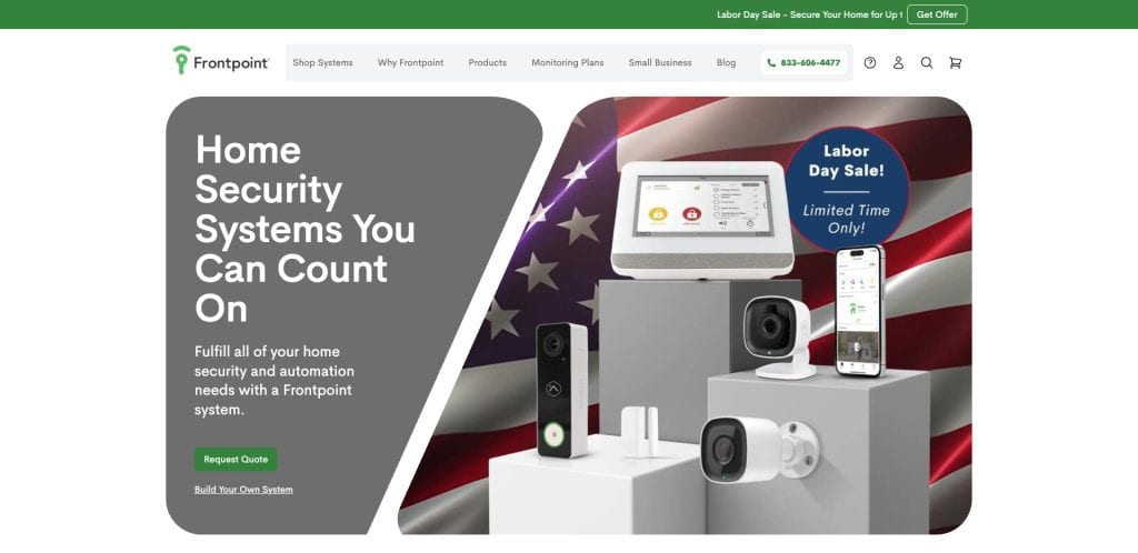 Frontpoint home security website with a display of security devices in front of an American flag background. Text promotes Home Security Systems You Can Count On and advertises a Labor Day Sale.