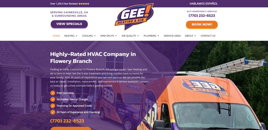 Website homepage for GEE! Heating & Air featuring an orange and purple service van, company branding, contact information, and a list of HVAC services with a highlighted “Highly-Rated HVAC Company in Flowery Branch” section.