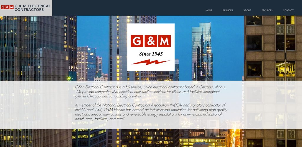 Screenshot of G&M Electrical Contractors website homepage, featuring the company logo, a cityscape background, navigation menu, and an introductory paragraph about their electrical contracting services in Chicago.