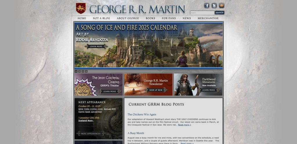Screenshot of George R. R. Martins official website homepage featuring a castle illustration, site navigation menus, blog post previews, an event schedule, and links to books, news, and merchandise.