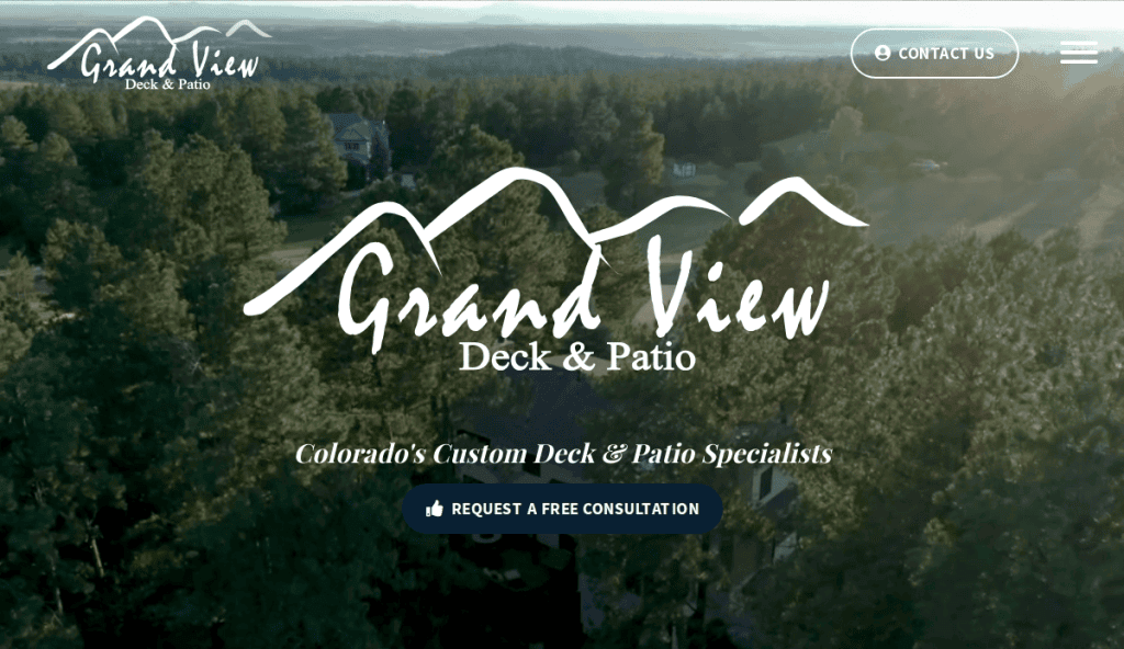 A website homepage for Grand View Deck & Patio shows a logo with mountain outlines and text over a forested landscape, offering Colorado’s custom deck and patio specialists and a button to request a free consultation.