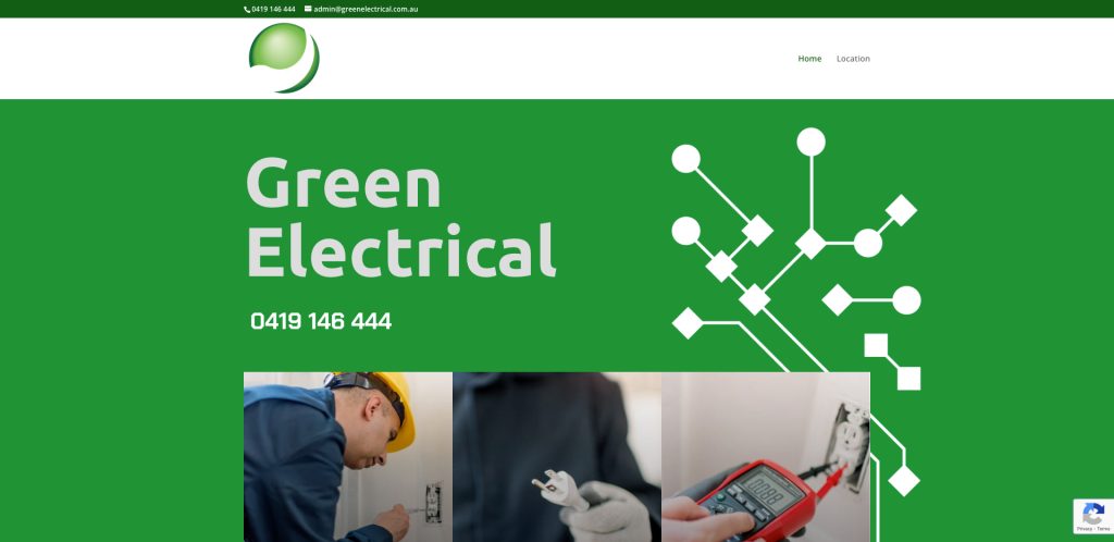 Website for Green Electrical with a green and white design. Large text reads “Green Electrical” and a phone number. Images show an electrician working and using electrical tools. Navigation links: Home, Location.