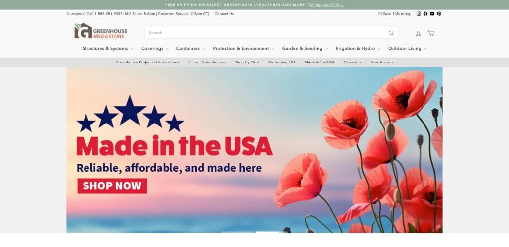 Screenshot of the Greenhouse Megastore website homepage, featuring a banner with red poppies and the text Made in the USA. Reliable, affordable, and made here. Shop now.