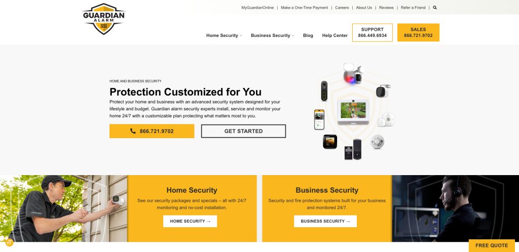 Screenshot of the Guardian Alarm website homepage, featuring security system information, a call-to-action to get started or call for a quote, and sections for Home Security and Business Security services.