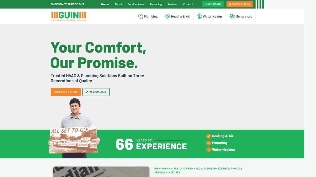 Screenshot of Guin HVAC & Plumbing website homepage. Text reads “Your Comfort, Our Promise” with options for plumbing, heating & air, water heater, and generators. A call-to-action button and 66 years of experience are highlighted.