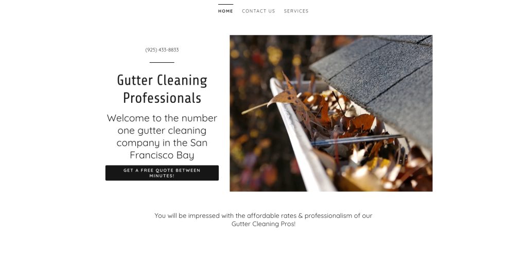 Website screenshot showing a pile of leaves clogging a house gutter. Text reads: “Gutter Cleaning Professionals—number one gutter cleaning company in the San Francisco Bay. Get a free quote. Call (925) 451-8853.”.