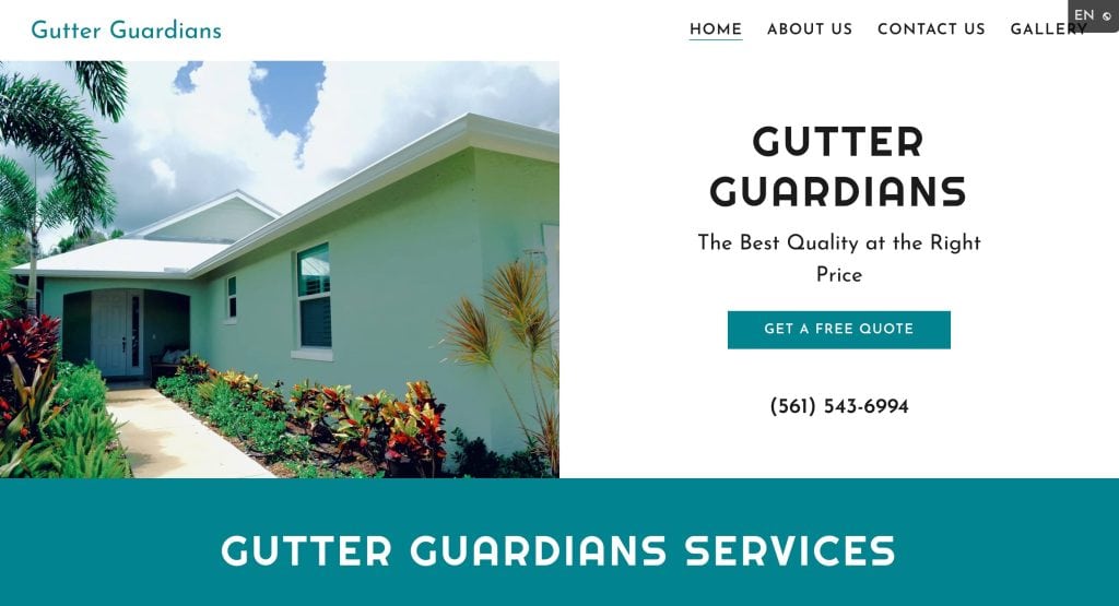 A modern home with light green exterior walls and a landscaped front yard is shown next to text promoting Gutter Guardians gutter services, including a button to get a free quote and a phone number.