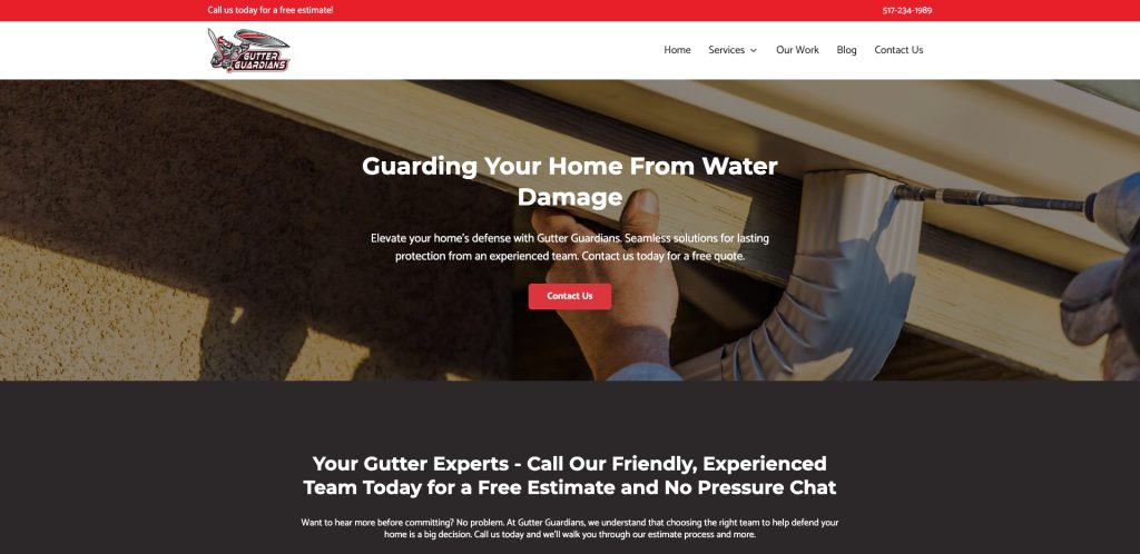 Screenshot of a gutter installation company’s website homepage, featuring a worker installing a gutter on a house, a contact button, and navigation options for Home, Services, Our Work, Blog, and Contact.