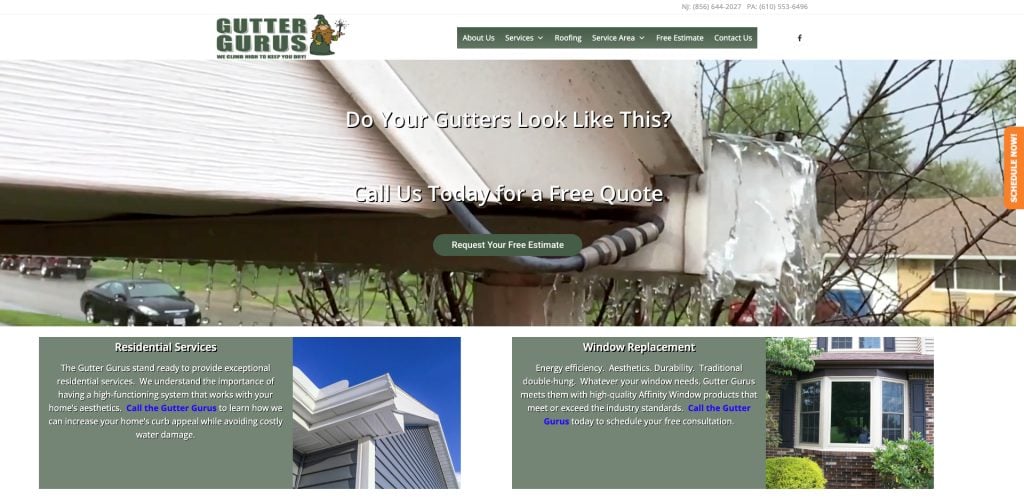 Screenshot of Gutter Gurus’ website homepage featuring a photo of clogged, overflowing gutters, service menus, a call-to-action for a free estimate, and sections for residential services and window replacement.
