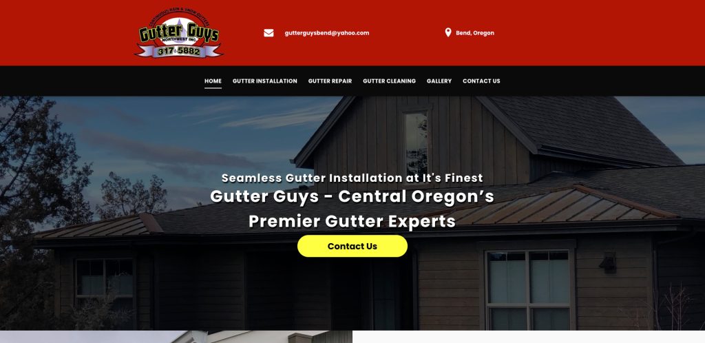 Screenshot of the Gutter Guys website homepage with a red banner, company logo, contact info, navigation menu, and headline promoting gutter installation services in Central Oregon. A house with gutters is pictured in the background.