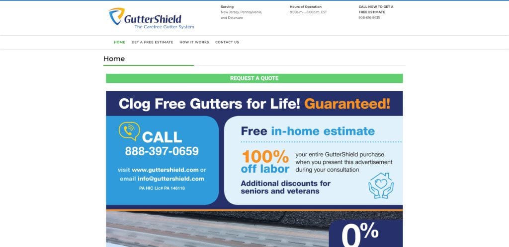 Screenshot of GutterShield’s website showing a banner offering clog-free gutters for life, a phone number (888-397-0659), free in-home estimate, 100% off labor, and discounts for seniors and veterans.