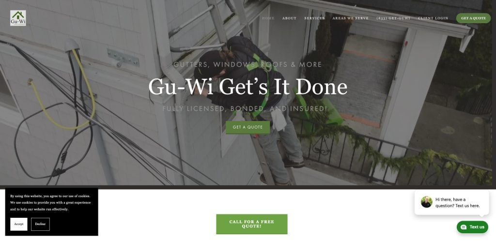 A worker in safety gear cleans gutters on a house roof. The website features a company logo, navigation menu, green “Get a Quote” button, and chat support in the bottom right corner. The text promotes gutter and roof services.