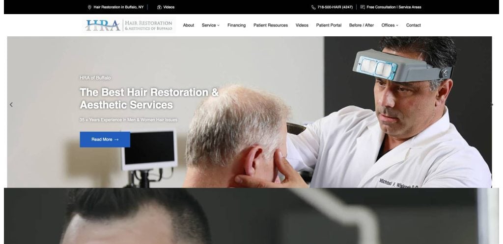 A doctor wearing magnifying glasses examines the scalp of a seated male patient in a clinical setting, featured on a hair restoration clinics website homepage.