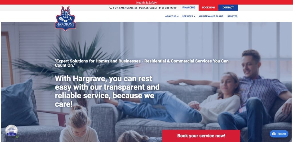 Screenshot of Hargrave Heating & Air Conditioning website showing a family relaxing on a couch with the text: “Expert Solutions for Homes and Businesses – Residential & Commercial Services You Can Count On.”.