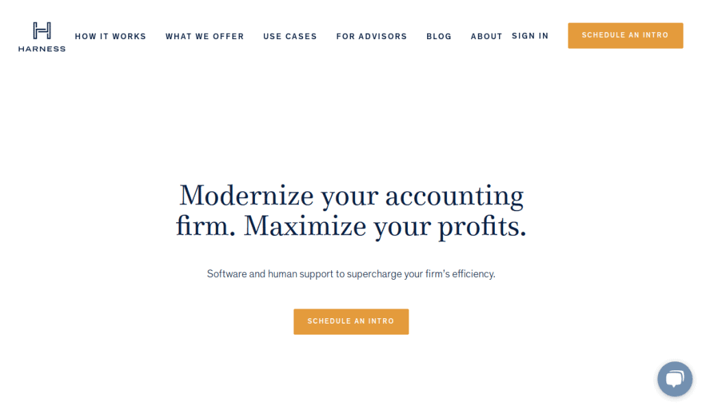 Screenshot of a website for Harness, featuring a navigation menu and the headline Modernize your accounting firm. Maximize your profits. with buttons labeled SCHEDULE AN INTRO.