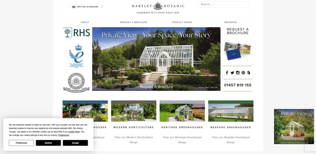 Screenshot of the Hartley Botanic website homepage, featuring a large image of a greenhouse in a garden, navigation menus, social media links, and a cookie consent pop-up at the bottom left.