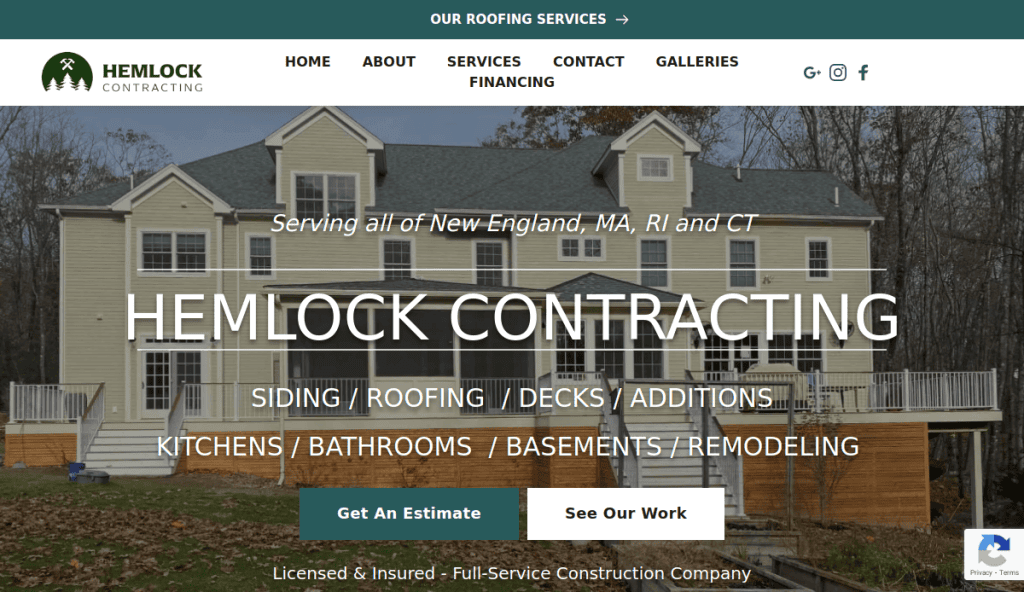 A beige two-story house with white trim and large windows is shown; text overlay reads “Hemlock Contracting” with service offerings and navigation menu at the top. Blue buttons say Get An Estimate and See Our Work.