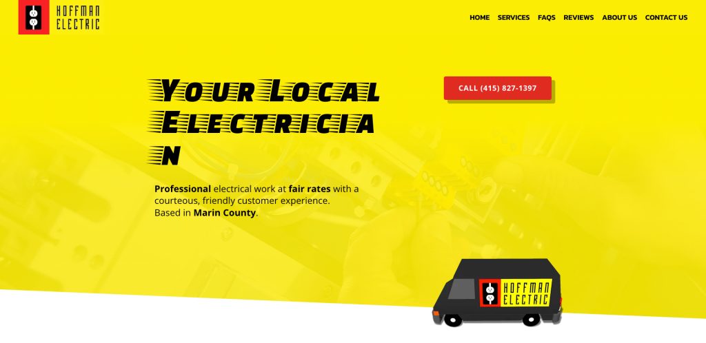 Website homepage for Hoffman Electric. Large text reads Your Local Electrician with a contact number in a red button. Bottom right shows a black van with the Hoffman Electric logo. Background is yellow with electrical work imagery.