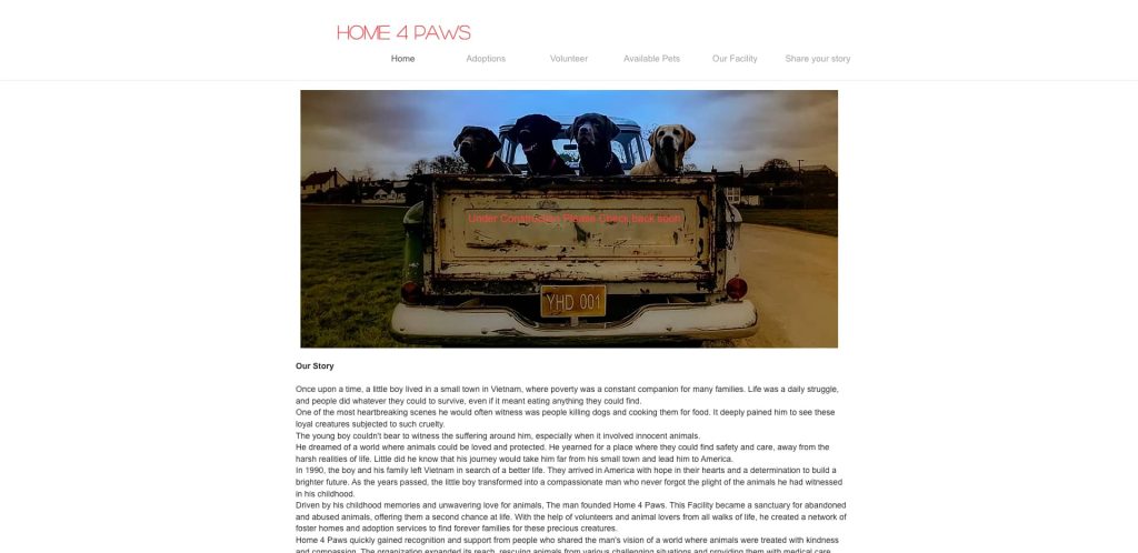 A group of dogs sits in the back of an old, green pickup truck driving down a rural road, with fields and houses in the background. The website header reads “Home 4 Paws” and includes navigation links and a story about pet adoption.