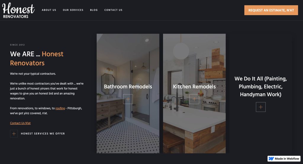 Homepage of Honest Renovators showing sections for “Bathroom Remodels” and “Kitchen Remodels,” navigation menu at the top, and a “Request an Estimate” button in the top right corner. The background is dark with modern design images.