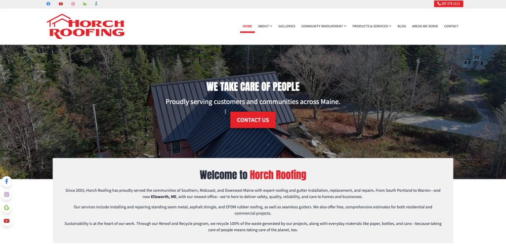 Screenshot of Horch Roofings website homepage with a banner showing a house roof surrounded by trees. Large text reads We Take Care of People. Theres a red Contact Us button and navigation links at the top.