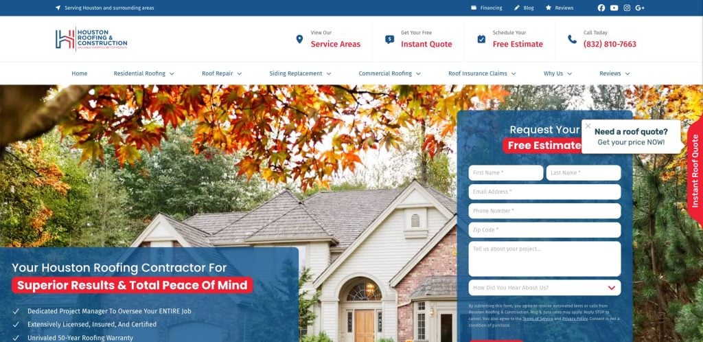 A website homepage for Houston Roofing & Construction features a house with autumn trees, a blue and red header, contact info, navigation menu, and a form on the right to request a free roofing estimate.