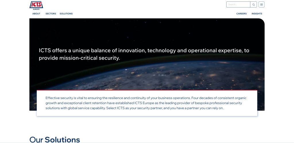A website homepage for ICTS shows a view of Earth from space with text highlighting their expertise in mission-critical security and a description emphasizing resilience and global solutions.